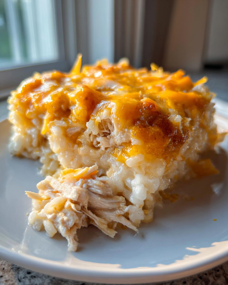 A close-up serving of creamy, cheesy chicken and rice casserole topped with melted cheddar cheese.