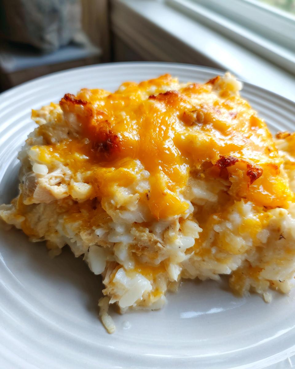 A close-up serving of creamy, baked cheesy chicken and rice topped with melted, browned cheddar cheese.