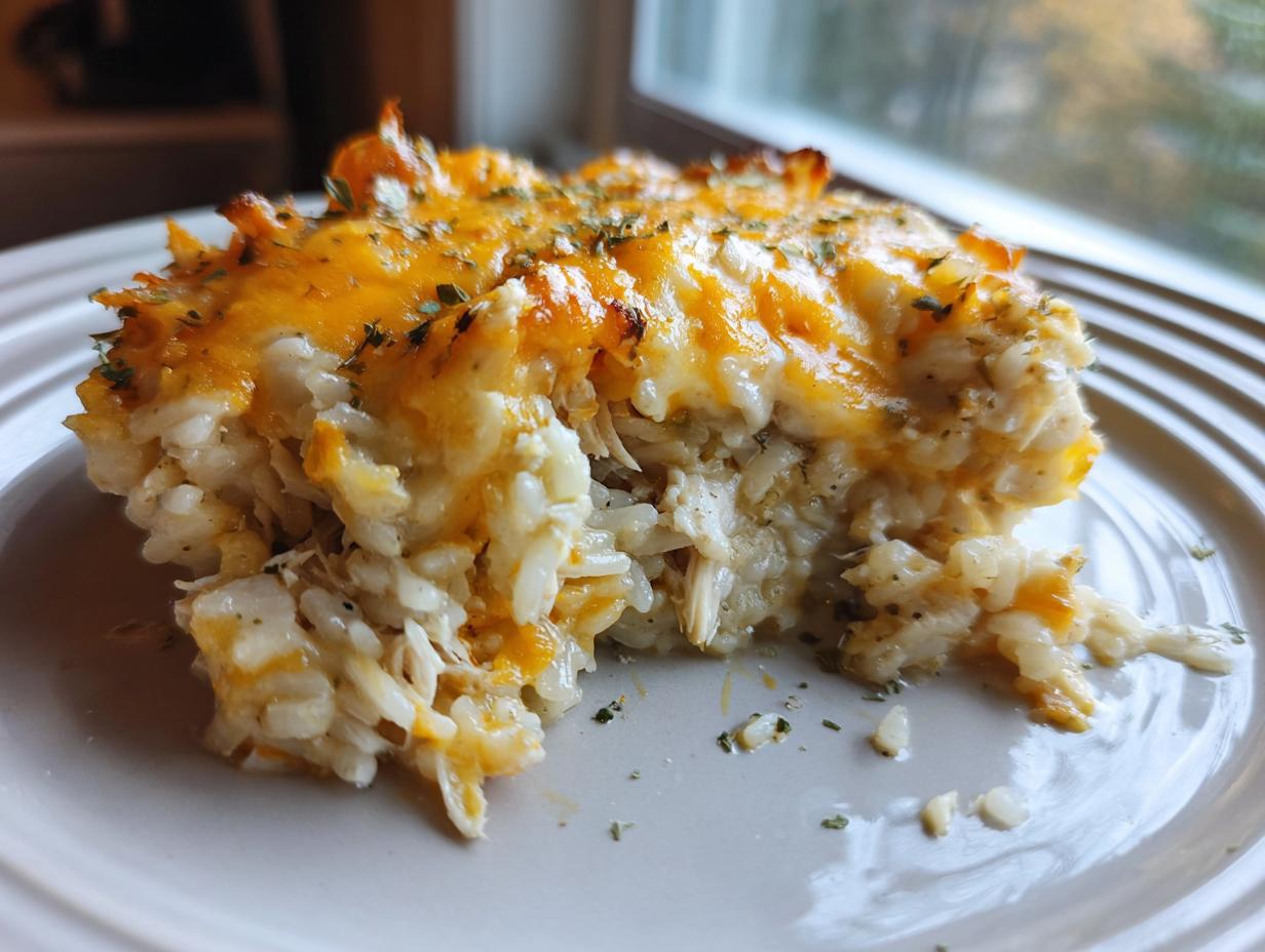 A close-up of a serving of cheesy chicken and rice, featuring melted cheddar cheese topping and herbs.