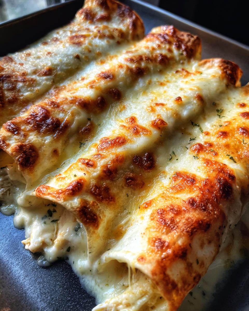 Close-up of baked chicken enchiladas smothered in melted, bubbly white cheese sauce.