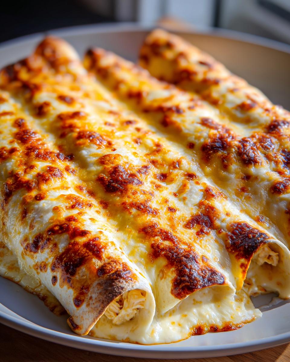 Close-up of three rolled chicken enchiladas covered in melted, bubbly, and slightly browned cheese.