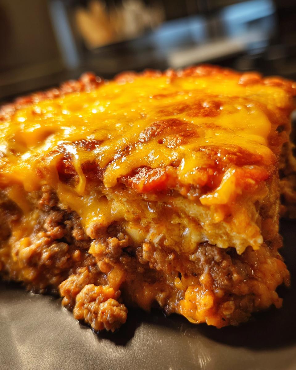 Close-up of a rich slice of doritos casserole with ground beef, topped with melted, bubbly orange cheese.