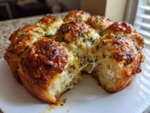 Close-up of cheesy Hawaiian roll garlic bread with melted cheese stretching as a piece is pulled away.