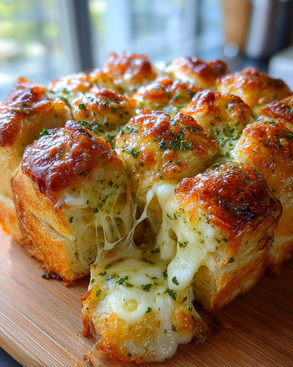 Close-up of cheesy Hawaiian roll garlic bread with melted cheese stretching as a piece is pulled away.
