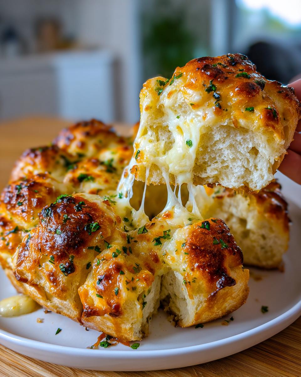 A hand pulls apart a piece of cheesy hawaiian roll garlic bread, showing long, gooey cheese stretches.