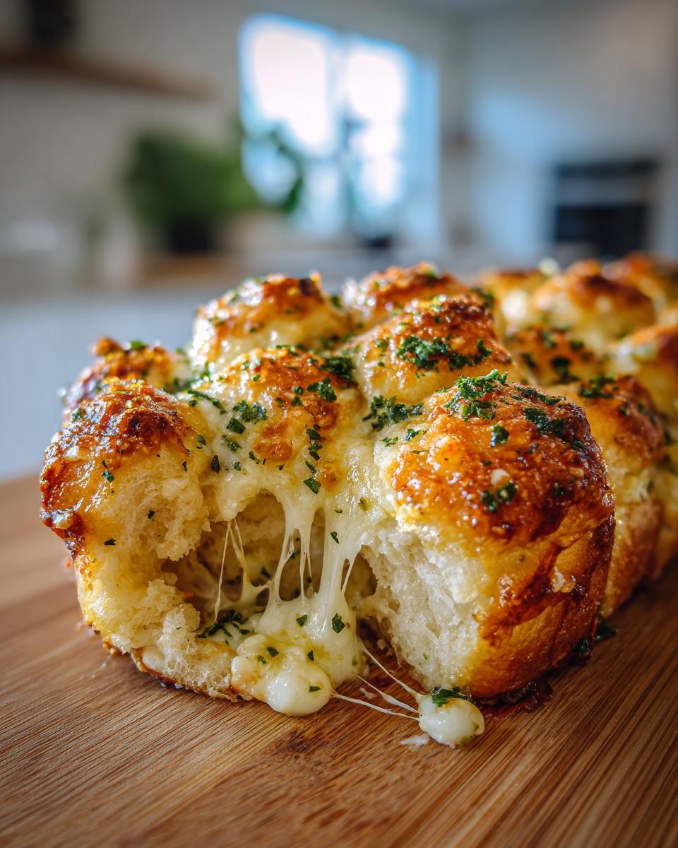 Close-up of cheesy Hawaiian roll garlic bread being pulled apart, showing melted cheese strings and parsley garnish.