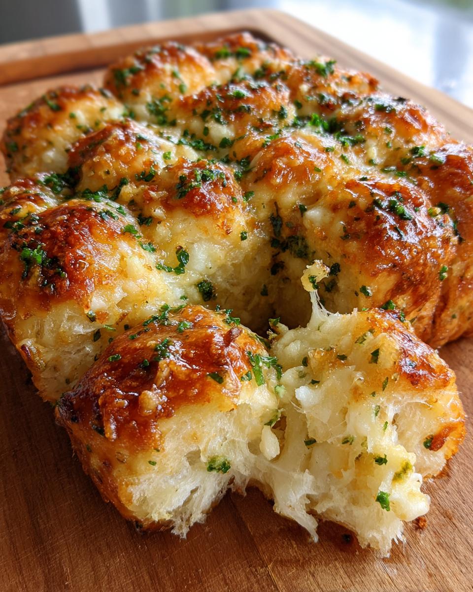 Close-up of cheesy hawaiian roll garlic bread, showing a piece being pulled apart revealing soft interior and melted cheese.