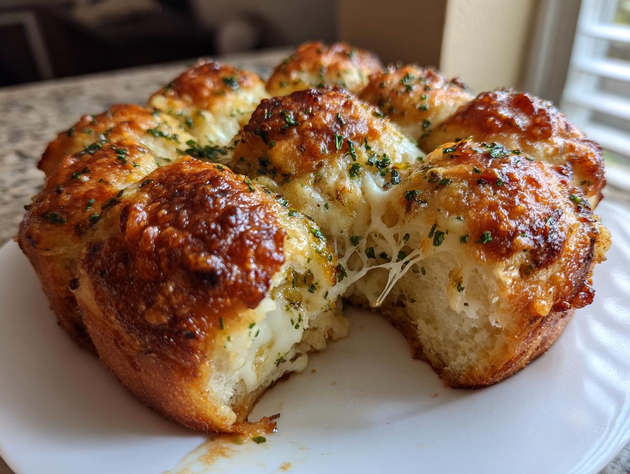 Close-up of cheesy Hawaiian roll garlic bread with melted cheese stretching as a piece is pulled away.