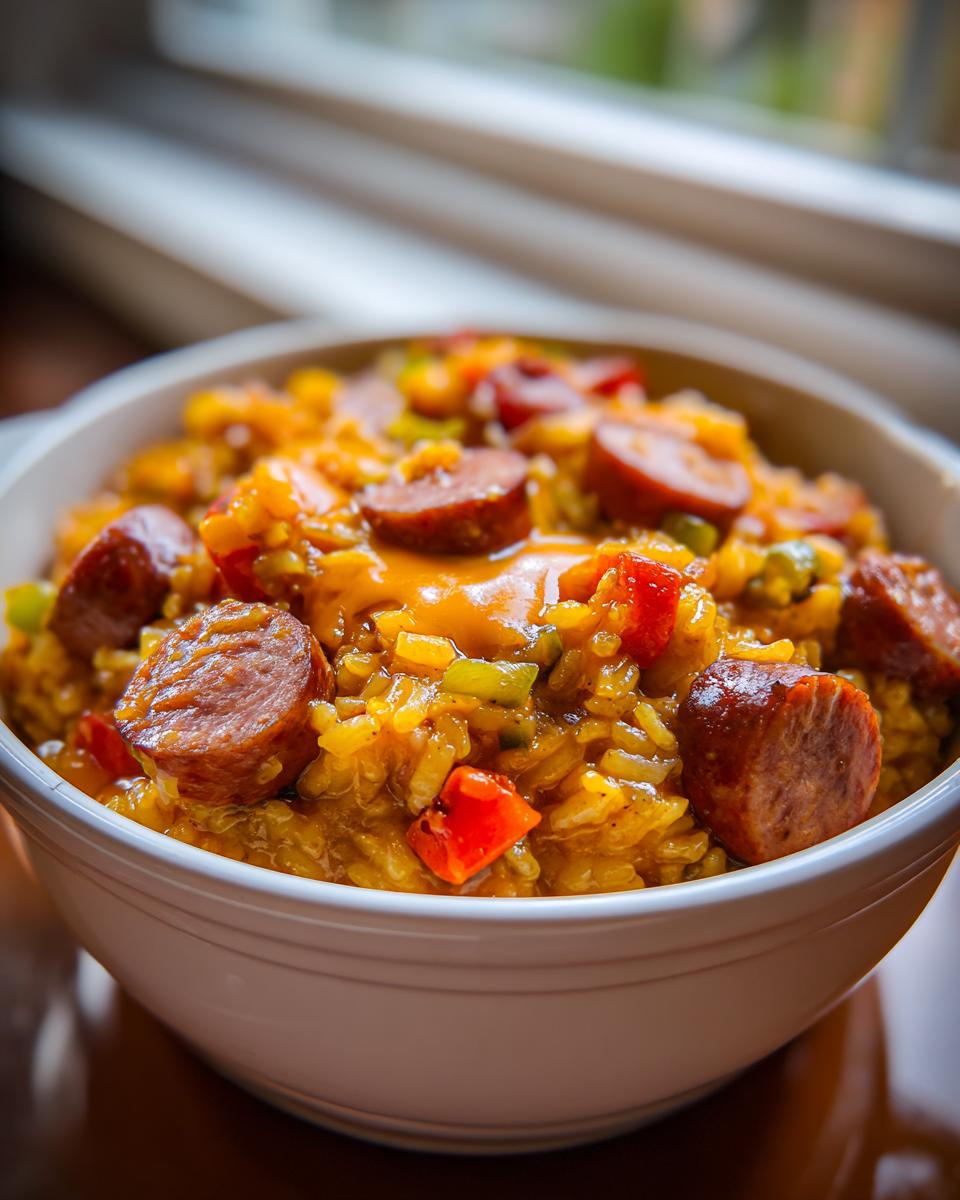 Close-up of a bowl filled with cheesy sausage and rice, featuring sliced smoked sausage and colorful peppers.