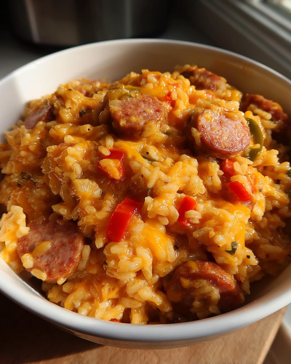 Close-up view of cheesy sausage and rice mixture served in a white bowl, featuring sliced smoked sausage and peppers.