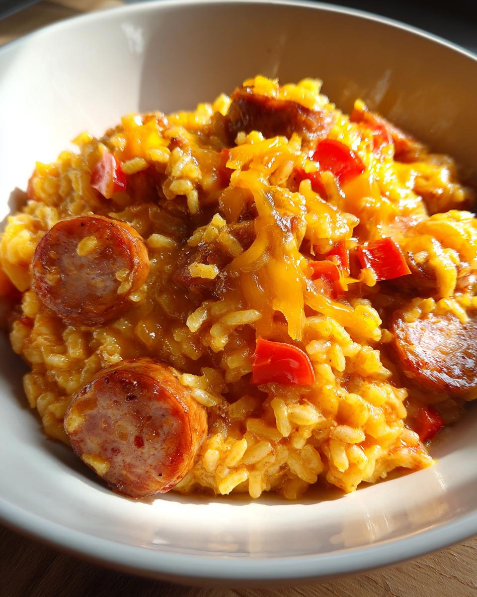 Close-up of cheesy sausage and rice mixture with red peppers served in a white bowl.