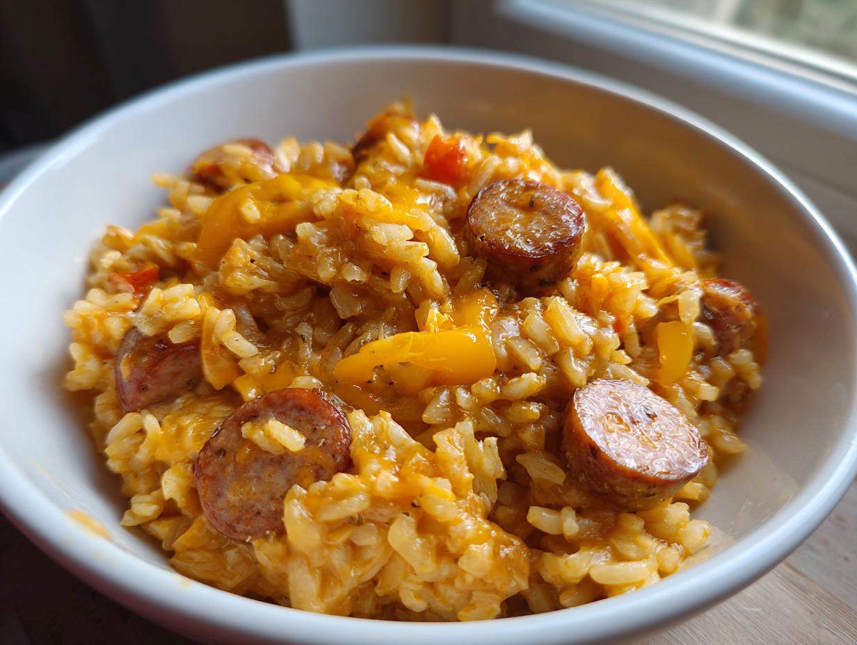 Close-up of cheesy sausage and rice mixture, featuring sliced smoked sausage and yellow peppers, served in a white bowl.