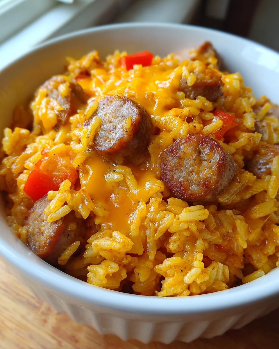 A close-up shot of cheesy sausage and rice mixed with red peppers served in a white bowl.
