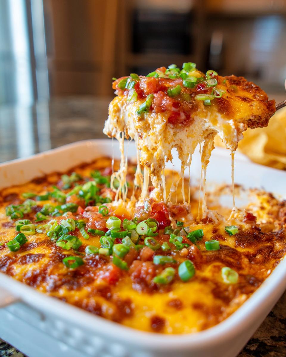 A spoonful of hot, cheesy texas trash dip is lifted from a white baking dish, showing long cheese pulls.