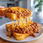 A hand lifts one half of cheesy texas toast sloppy joes, showing an incredible, long cheese pull between the two halves.
