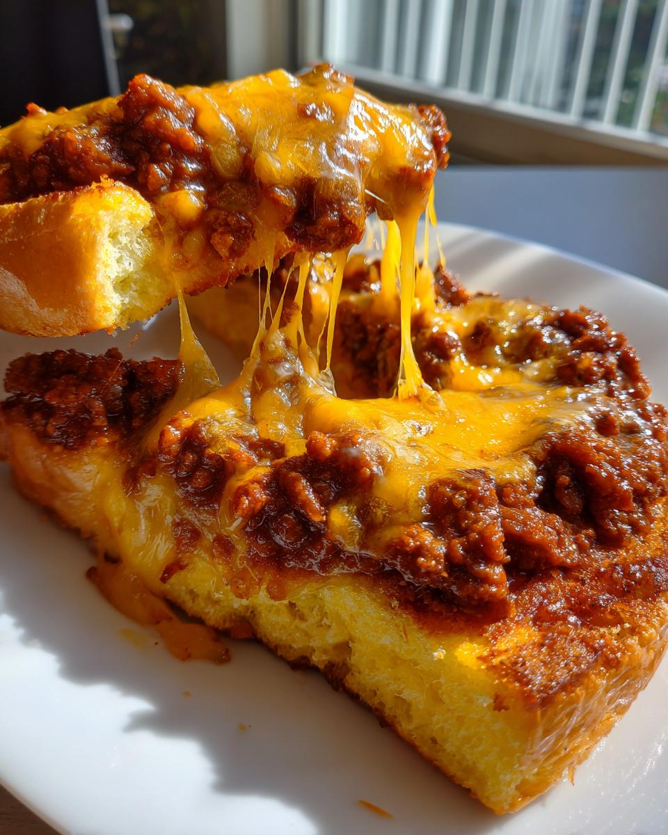 Close-up of cheesy texas toast sloppy joes being pulled apart, showing melted cheddar cheese strings.