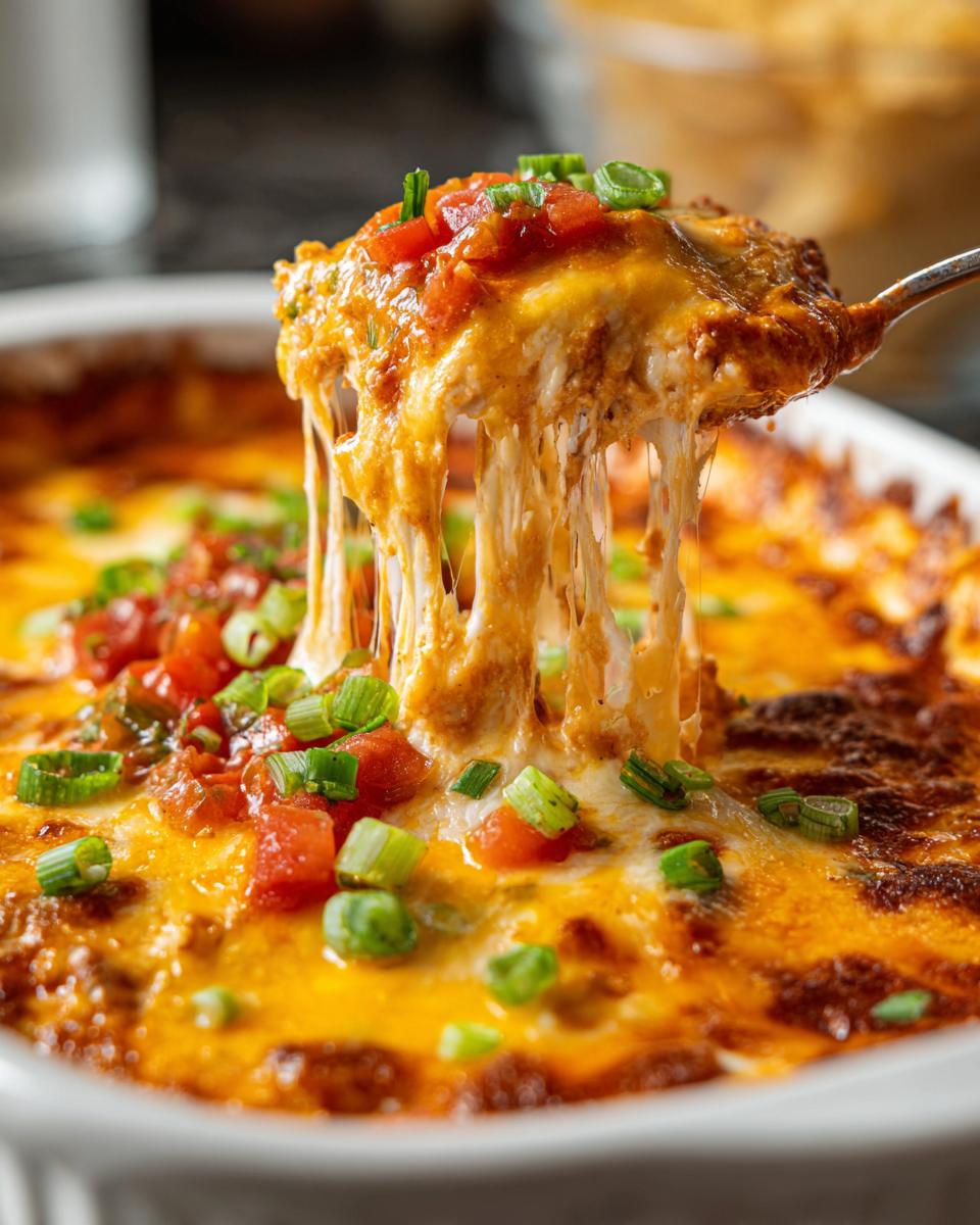 A spoonful of hot, cheesy texas trash dip showing extreme cheese pull, topped with diced tomatoes and green onions.