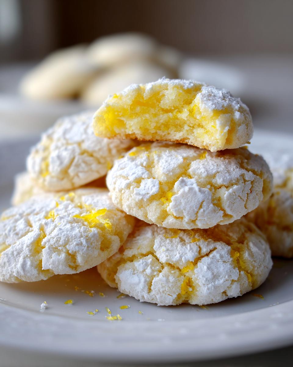 A stack of soft, powdered sugar-coated lemon crinkle cookies, with one cookie broken open showing the bright yellow interior.