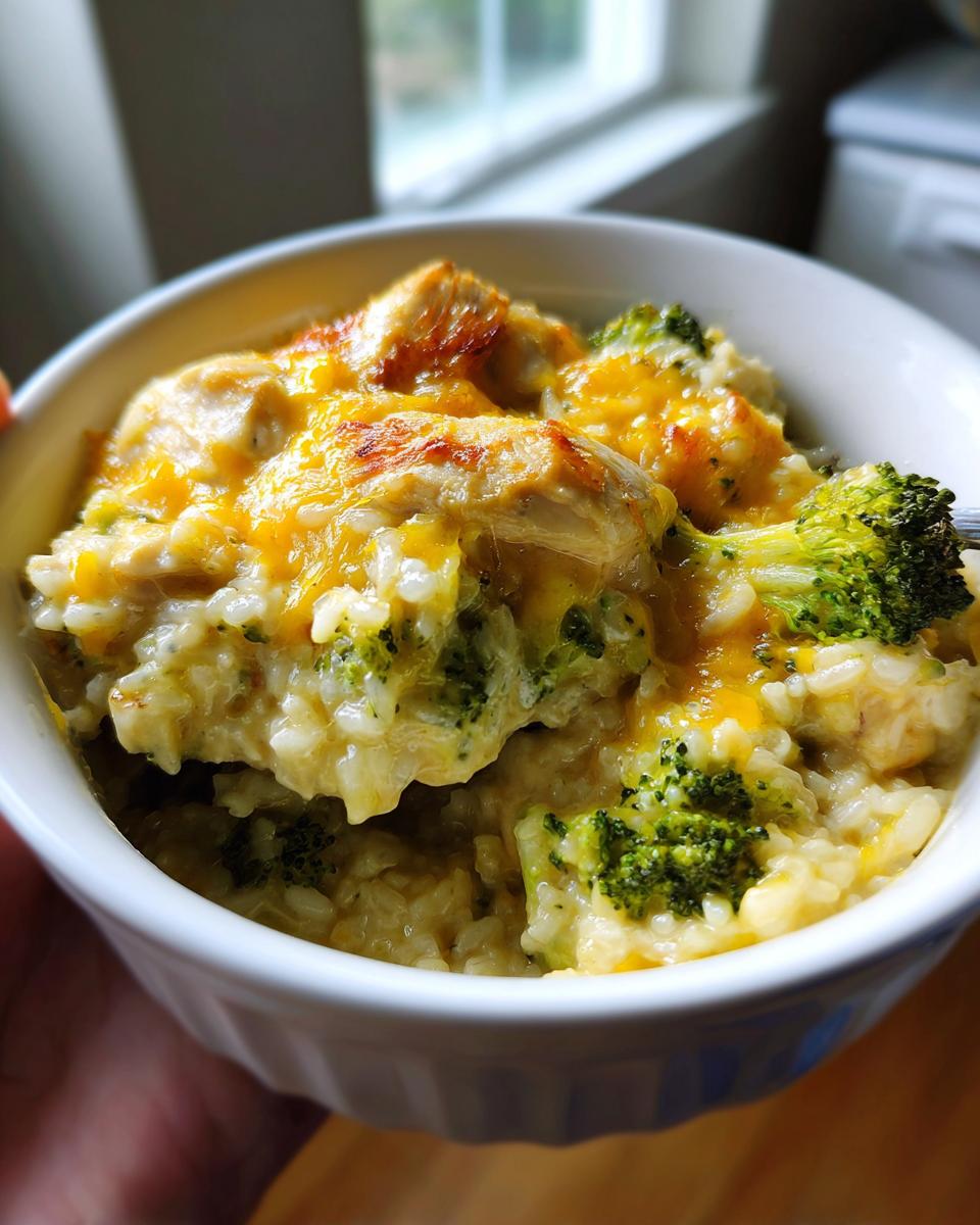 Close-up of a serving of creamy chicken broccoli rice casserole topped with melted cheddar cheese in a white bowl.