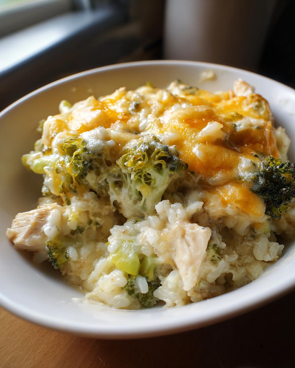 A close-up of a creamy serving of chicken broccoli rice casserole topped with melted cheddar cheese.