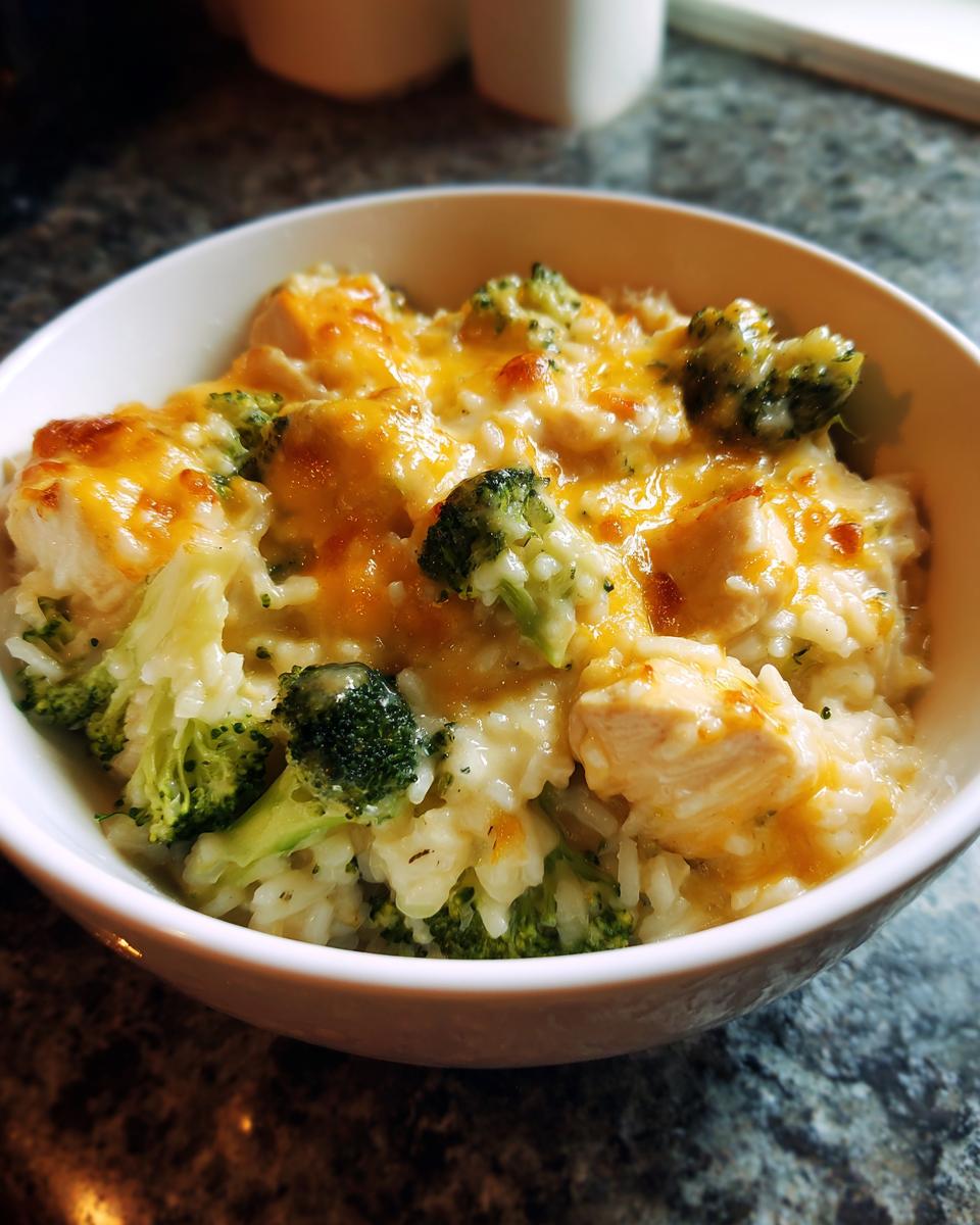 Close-up of a single serving of creamy chicken broccoli rice casserole topped with melted cheddar cheese in a white bowl.