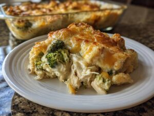 A close-up serving of creamy Chicken Divan casserole featuring shredded chicken, broccoli florets, and a golden baked cheese topping.