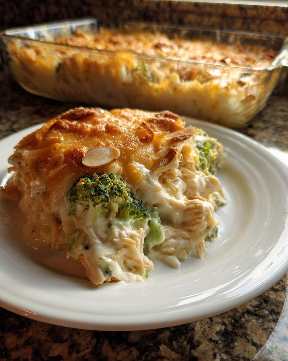 A serving of creamy Chicken Divan featuring shredded chicken, broccoli florets, and a melted cheese topping with slivered almonds.