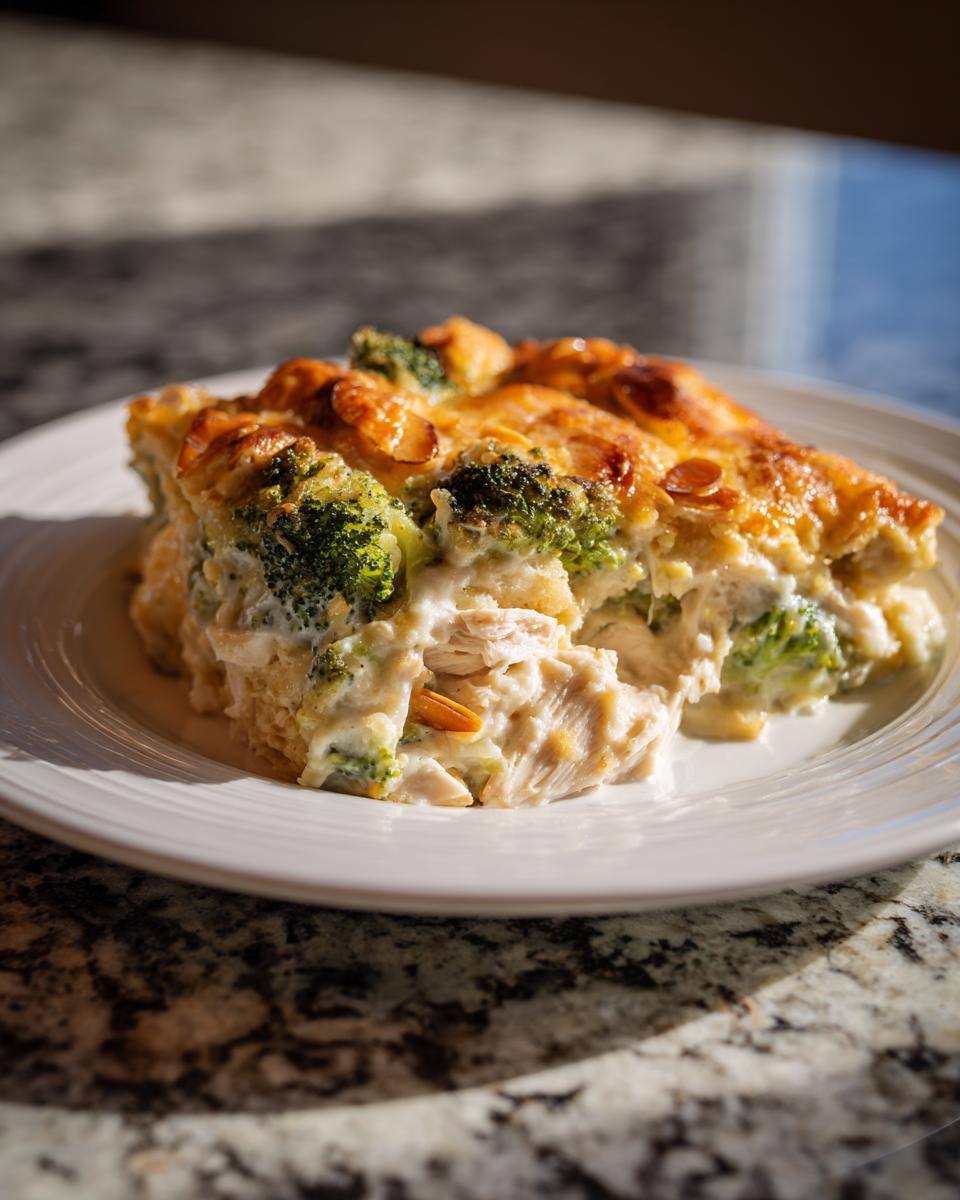 A close-up serving of rich Chicken Divan featuring shredded chicken, broccoli florets, and a cheesy topping.