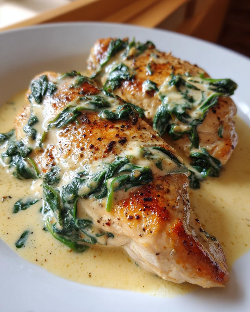 Two golden-brown chicken breasts topped with creamy spinach sauce, a perfect serving of chicken florentine.