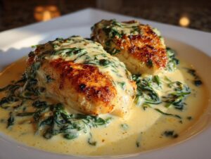 Two golden-brown chicken breasts covered in creamy spinach sauce, representing a delicious chicken florentine dish.