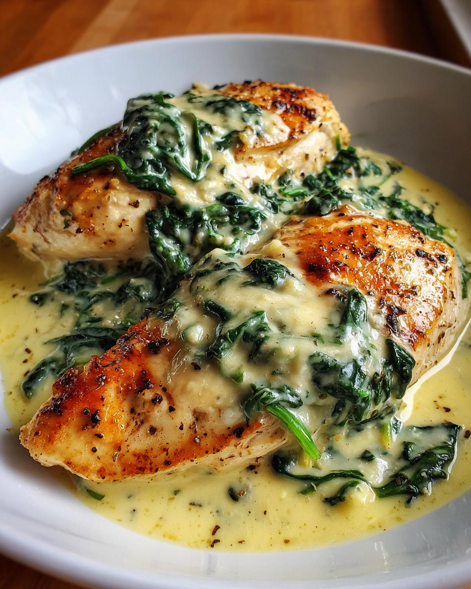 Two golden-brown seared chicken breasts covered in a rich, creamy sauce with wilted spinach, classic chicken florentine.