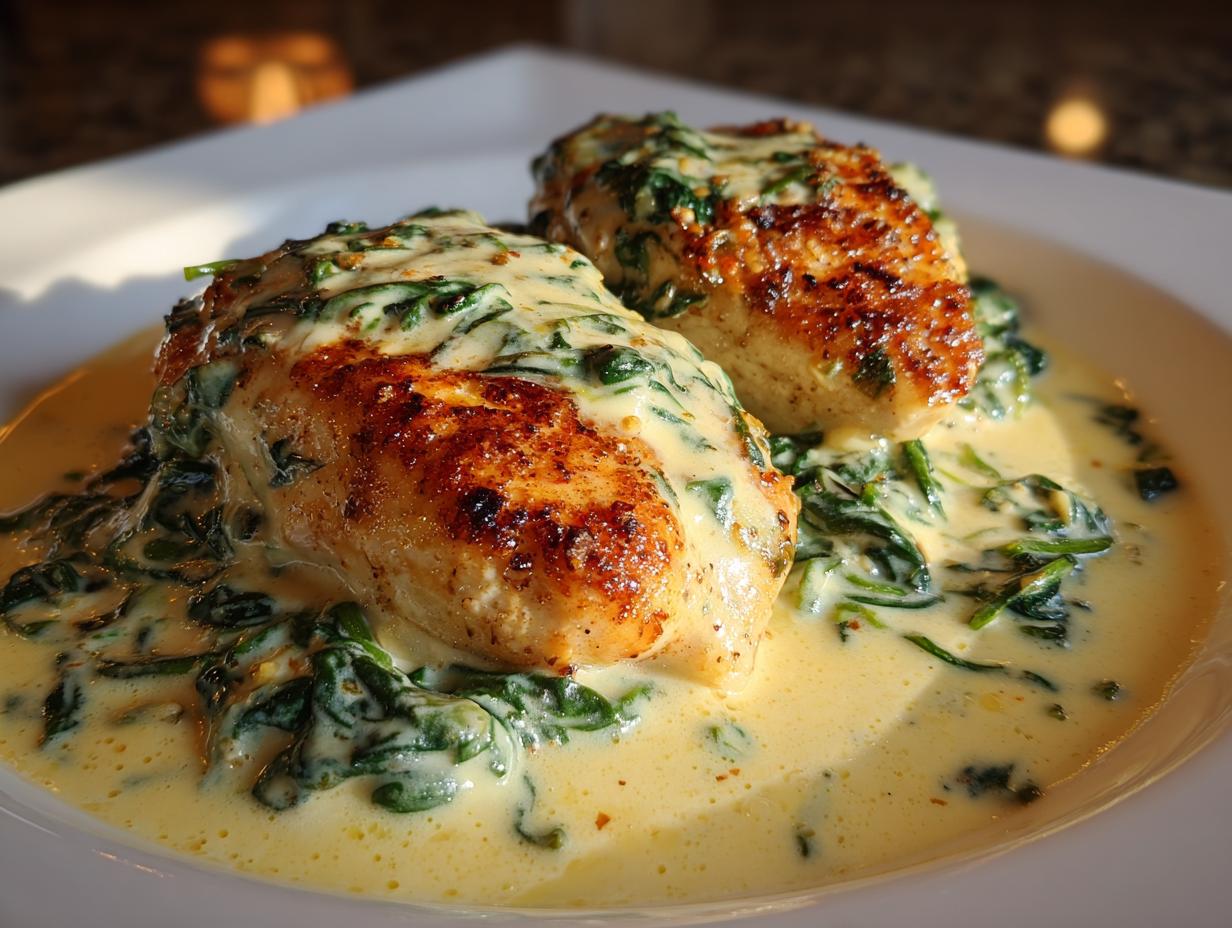 Two golden-brown chicken breasts covered in creamy spinach sauce, representing a delicious chicken florentine dish.
