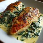 Two golden-brown chicken breasts served over creamy spinach sauce in a white dish, showcasing the chicken florentine.