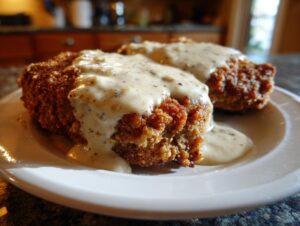 Close-up of two crispy, golden brown chicken fried steak portions smothered in creamy white pepper gravy on a white plate.