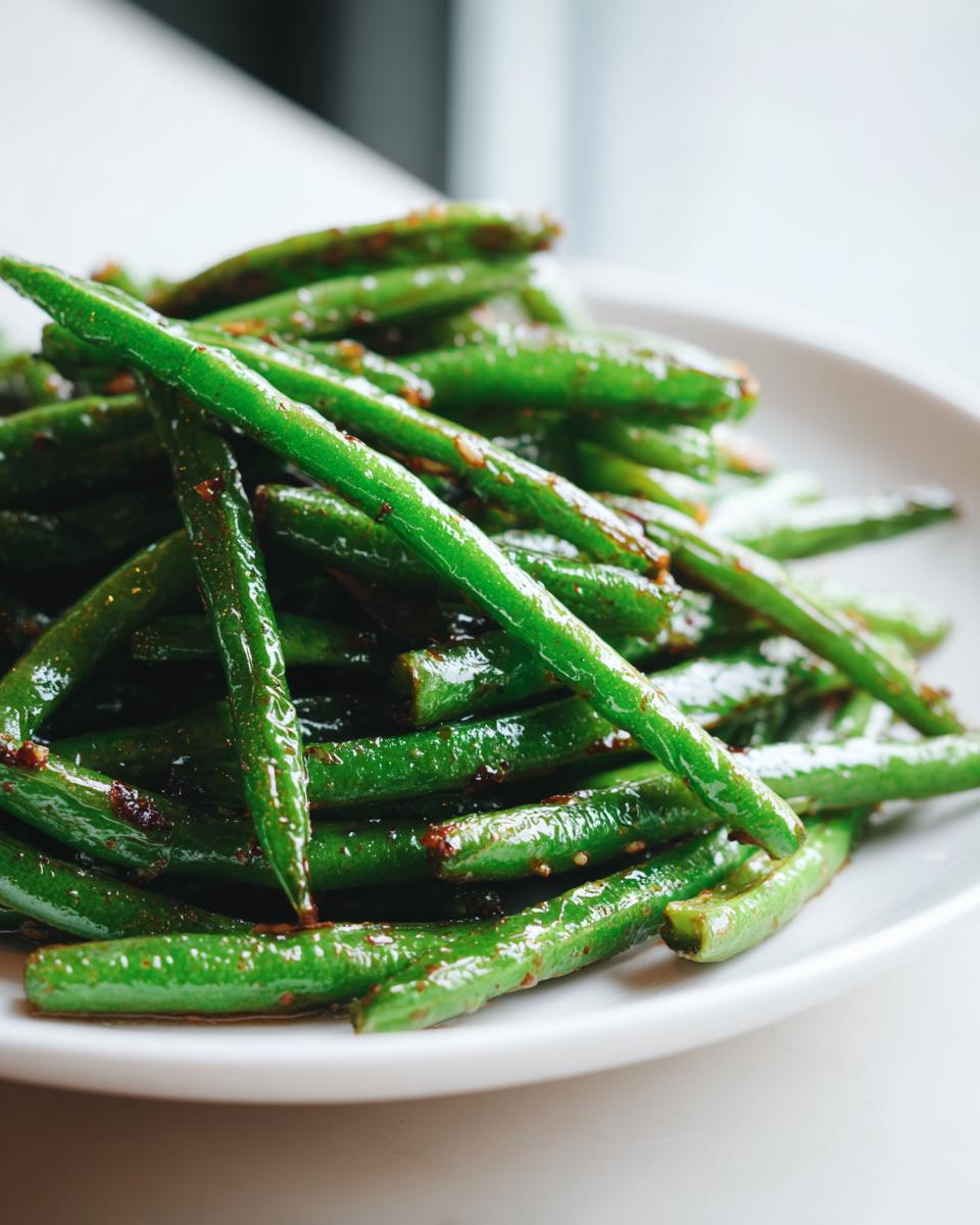 A close-up of vibrant, glossy chinese green beans with garlic sauce piled on a white plate.