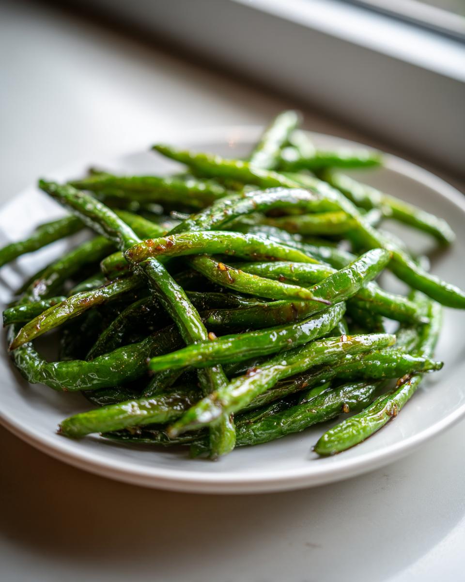 A close-up of blistered, glossy chinese green beans with garlic sauce piled high on a white plate.