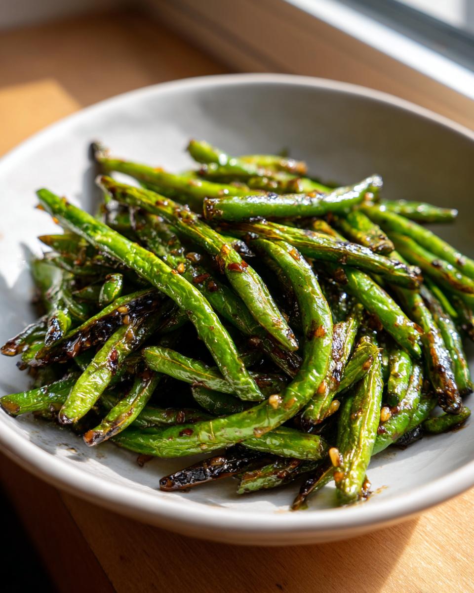 Close-up of blistered chinese green beans with garlic sauce served in a light gray bowl.