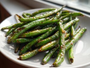 A close-up of glossy, vibrant green chinese green beans with garlic sauce piled on a white plate.