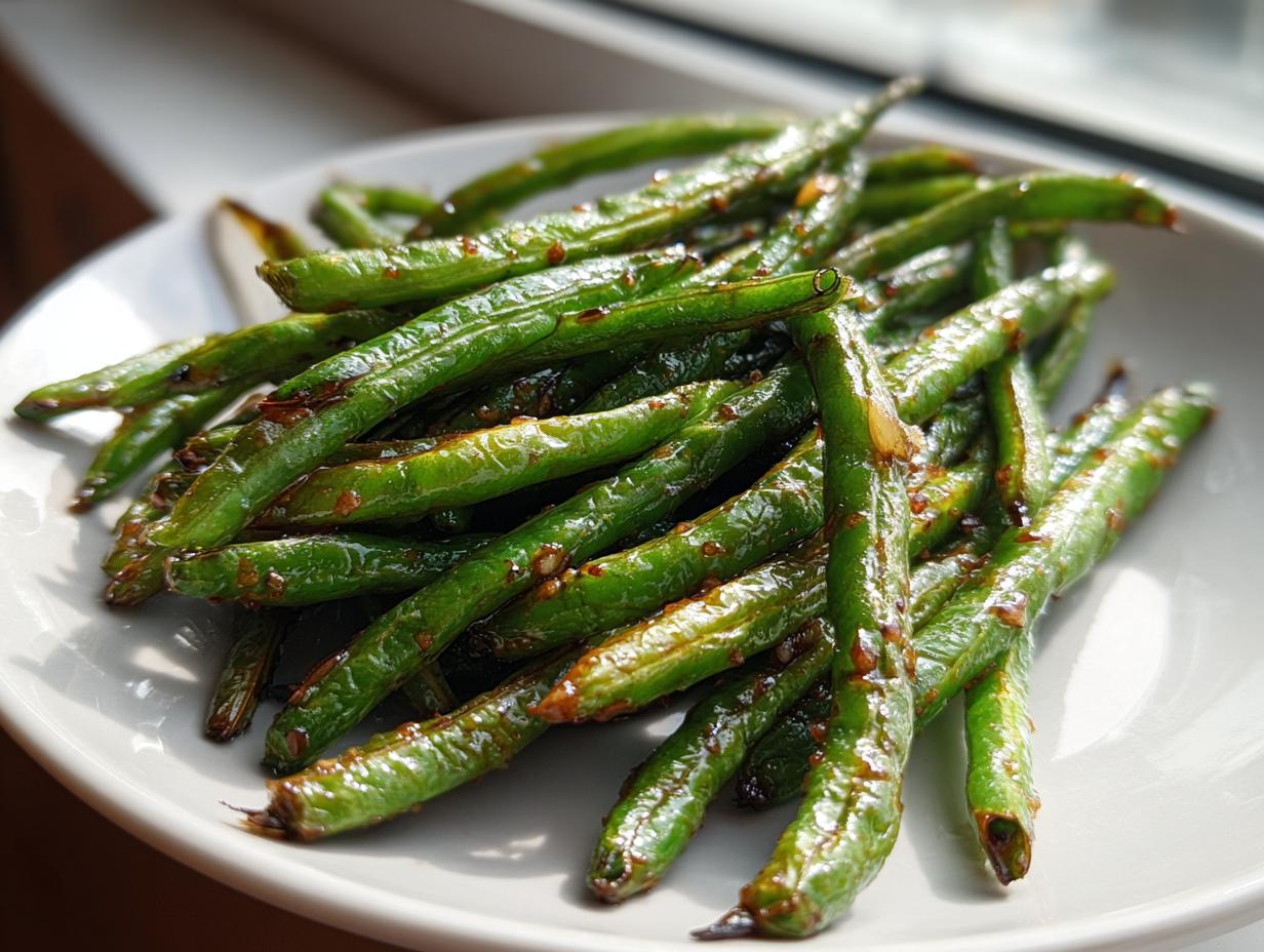 A close-up of glossy, vibrant green chinese green beans with garlic sauce piled on a white plate.