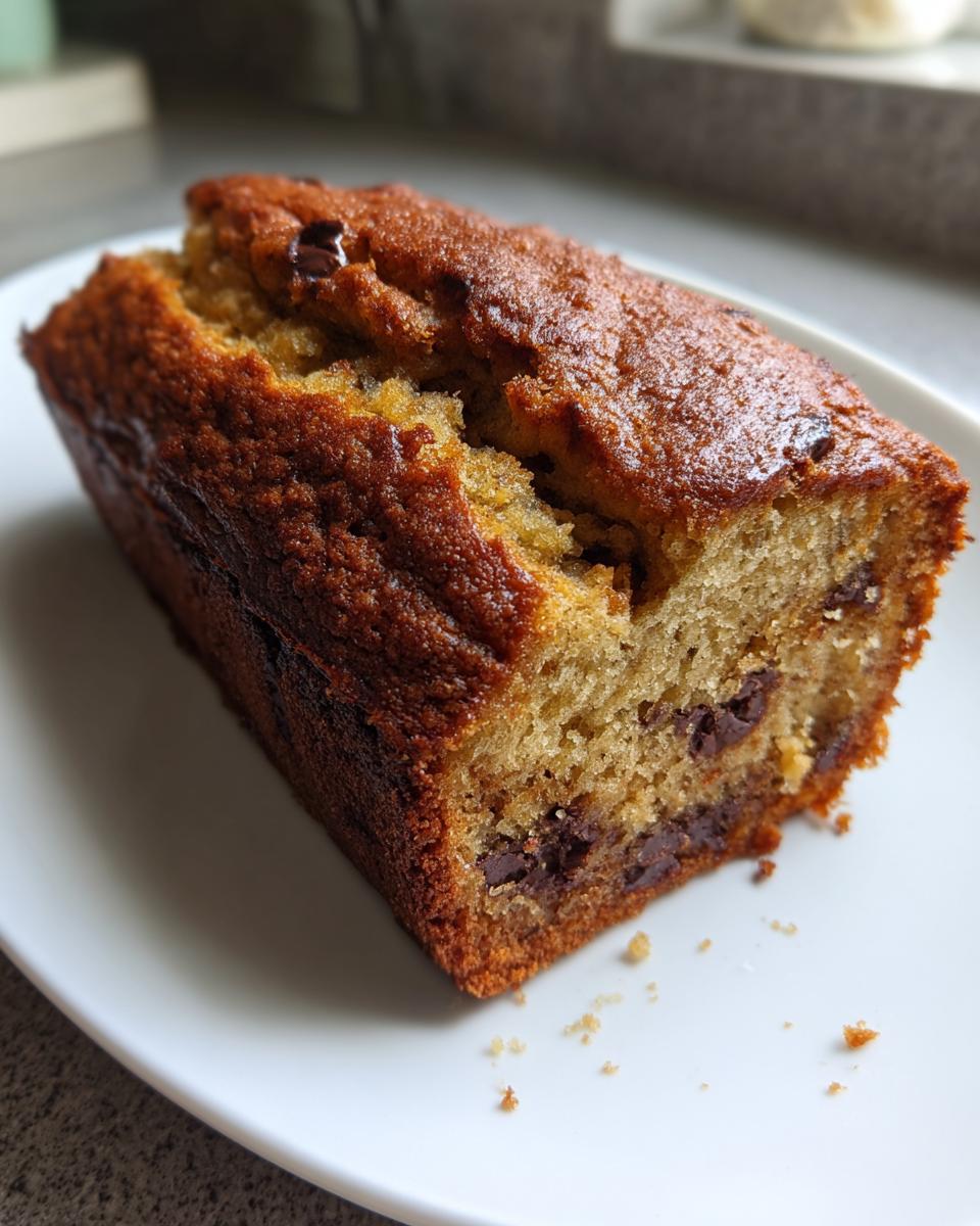 A close-up of a freshly baked mini banana bread loaf with a golden-brown crust and visible chocolate chips inside.