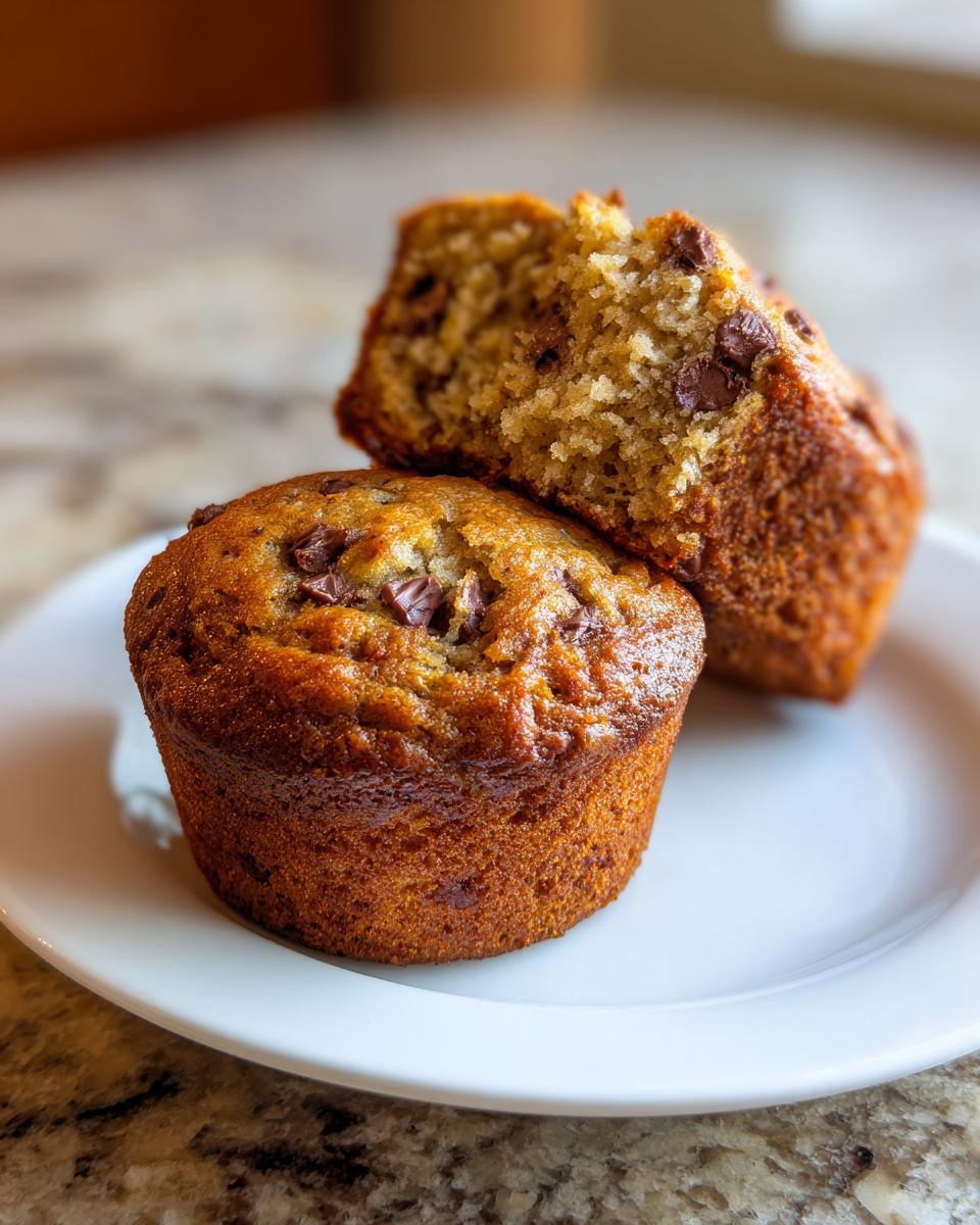 Two chocolate chip mini banana bread loaves on a white plate, one cut in half showing the moist interior.
