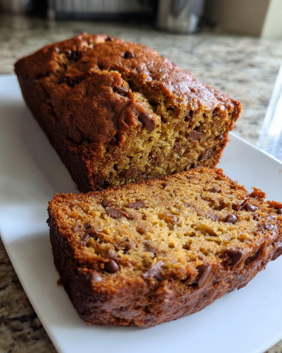 A close-up of a chocolate chip mini banana bread loaf, with one slice cut and resting against the main loaf.