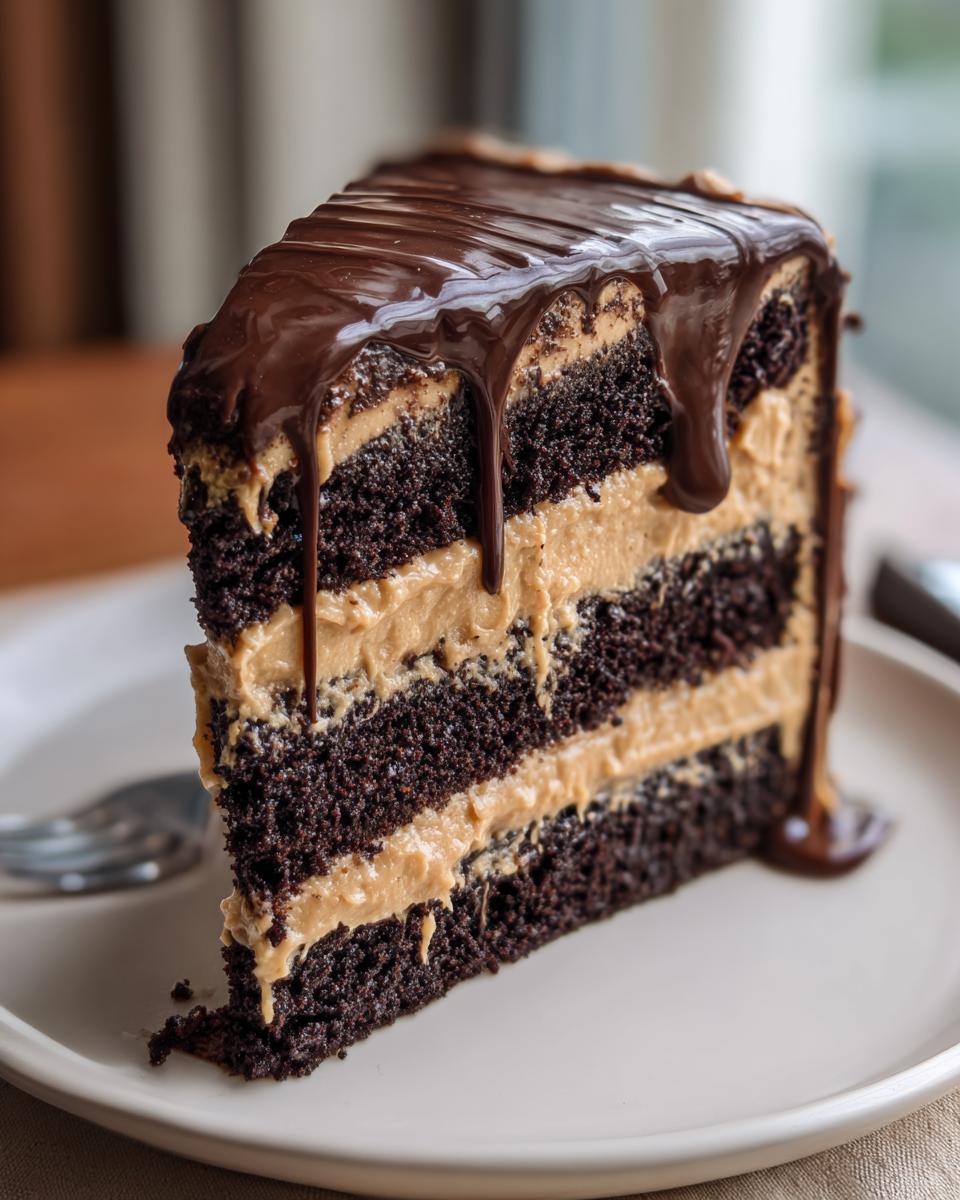 A tall slice of decadent chocolate peanut butter cake with three layers of dark cake and peanut butter frosting, topped with chocolate ganache.