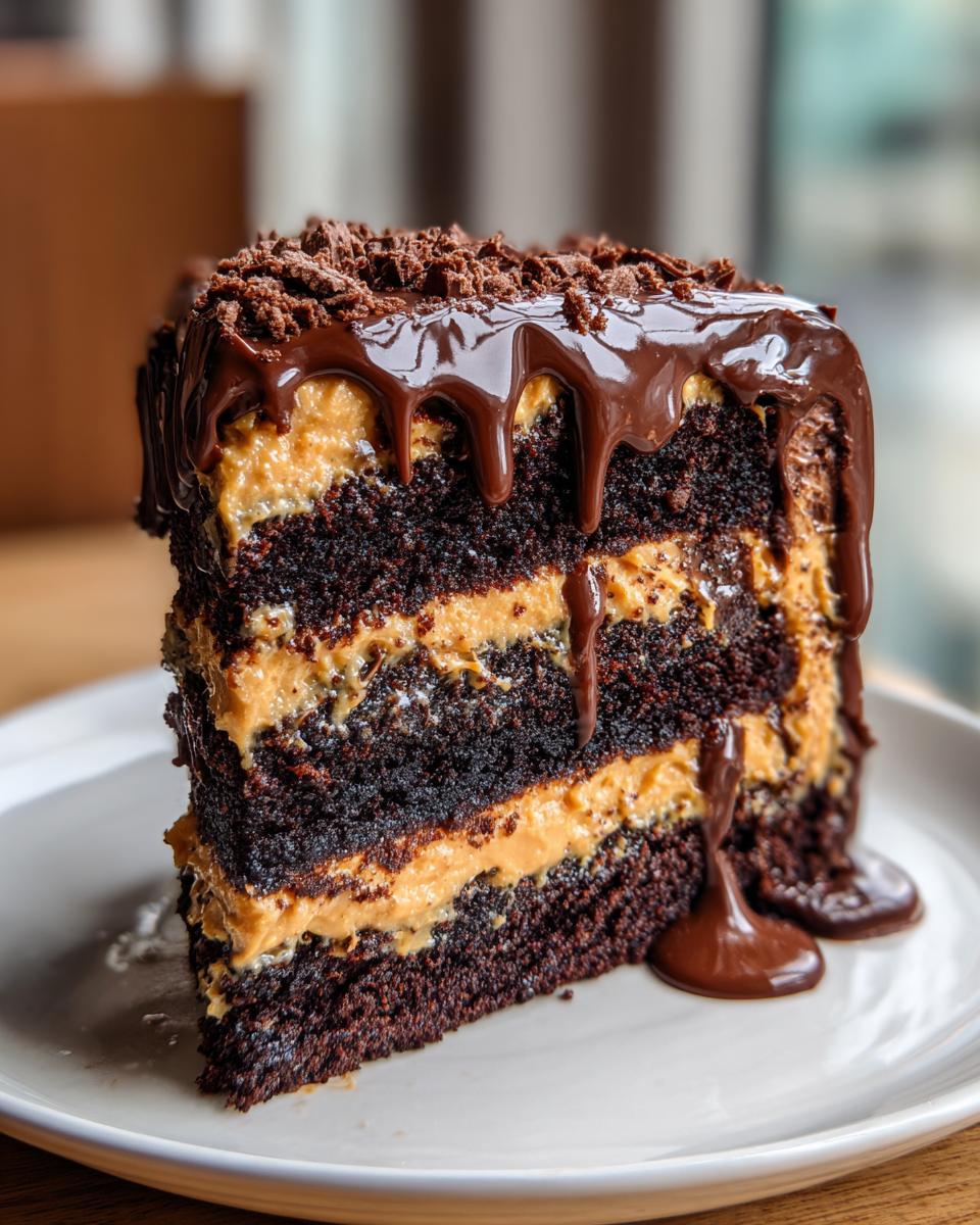 A decadent slice of chocolate peanut butter cake featuring dark layers, peanut butter filling, and rich chocolate ganache drip.
