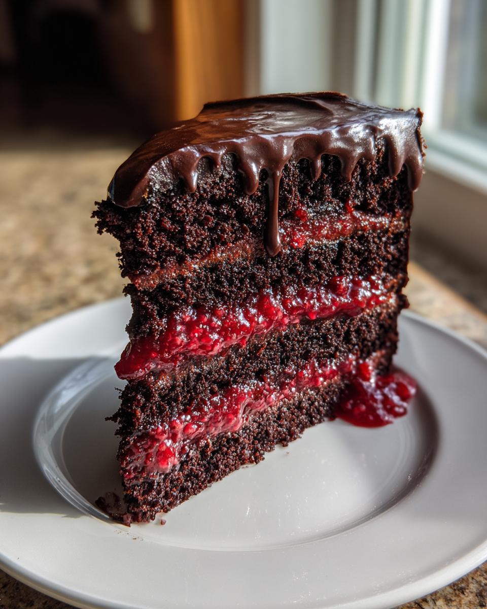 A decadent slice of chocolate raspberry cake featuring three dark layers and bright red raspberry filling, topped with dripping chocolate ganache.