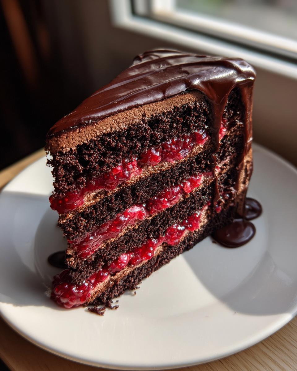 A decadent slice of chocolate raspberry cake featuring four layers of dark cake, bright raspberry filling, and dripping chocolate ganache.