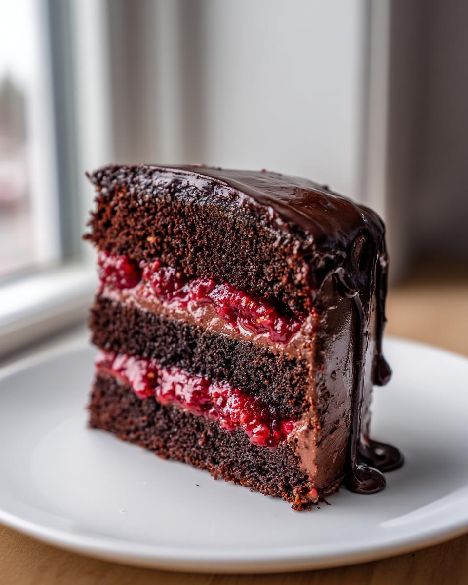 Close-up of a decadent slice of chocolate raspberry cake featuring dark layers and bright red raspberry filling.