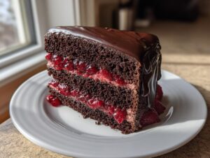 A tall slice of dark chocolate raspberry cake featuring two layers of filling and a thick chocolate ganache drip.