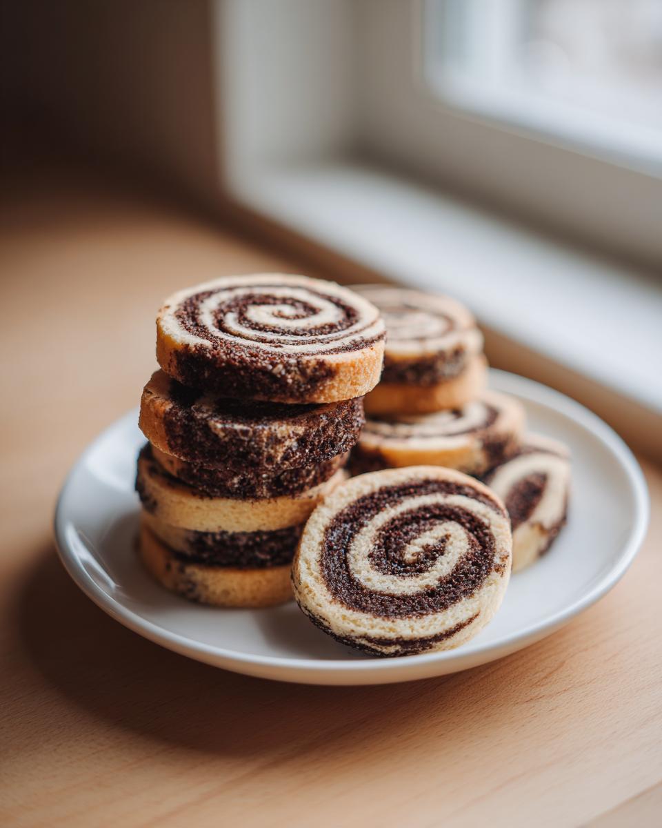 A stack and scattering of homemade pinwheel cookies with distinct chocolate and vanilla swirls on a white plate.