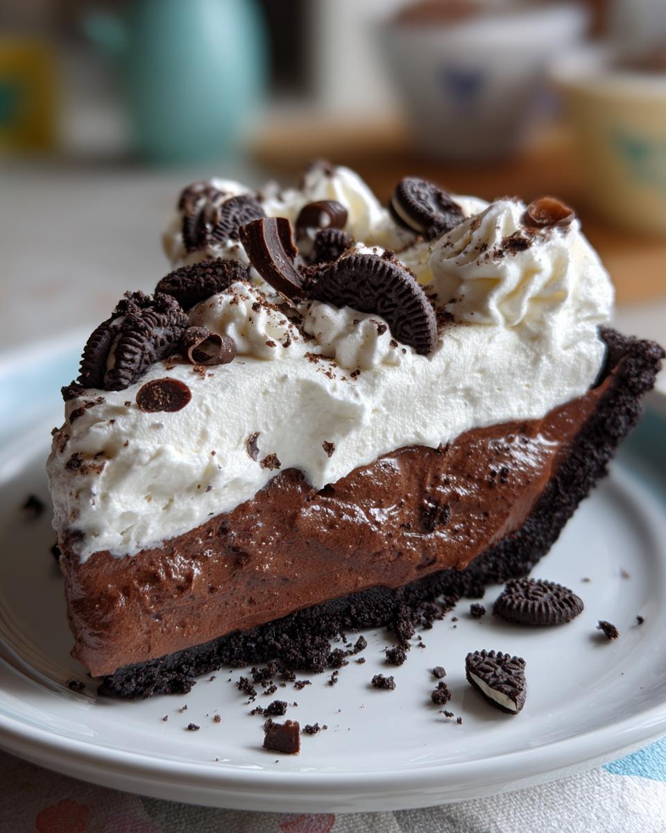 A decadent slice of Christmas chocolate cream pie featuring a dark crust, rich chocolate filling, and whipped cream topping with cookie pieces.